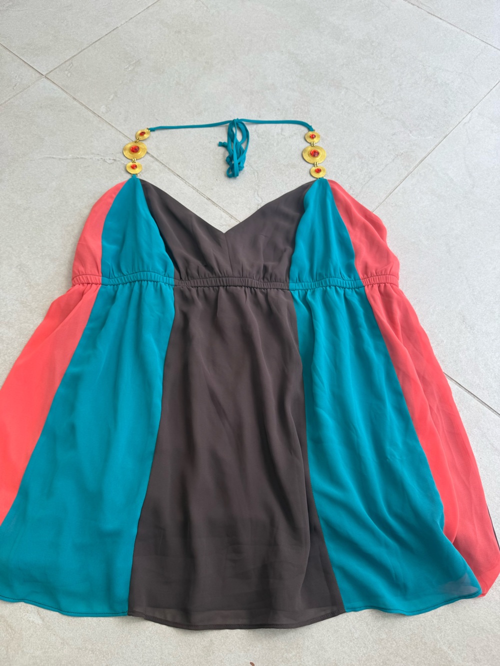 Bisou Bisou Teal Coral Brown Halter Swim Coverup